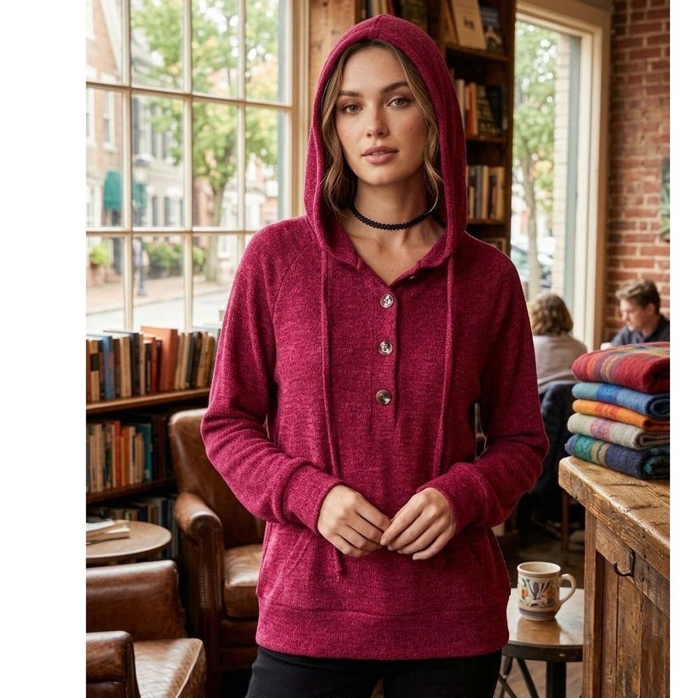 3rd + Malt Womens Red Marl Henley Button Hoodie Pullover Sweater Small Cabincore